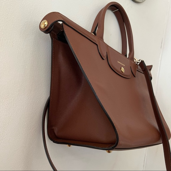 Longchamp Le Pliage Heritage Brown Leather Satchel Tote - Picture 3 of 10